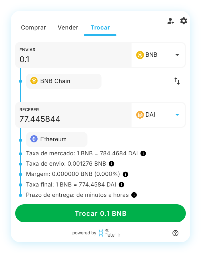Widget de swap BNB-DAI da Mt Pelerin