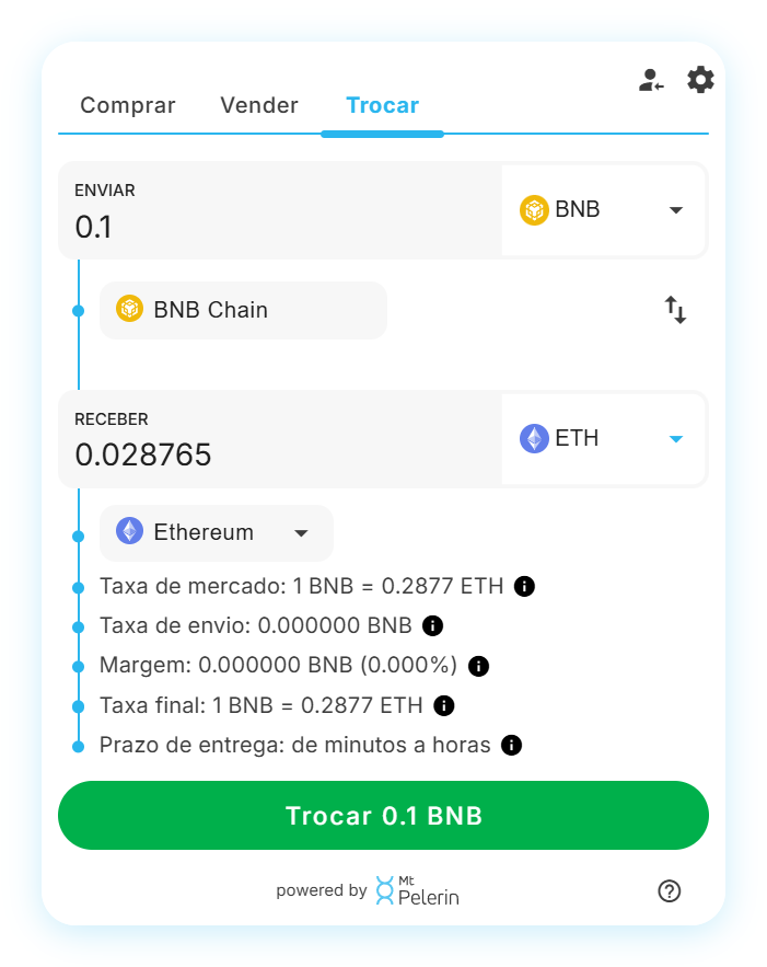 Widget de swap BNB-ETH da Mt Pelerin