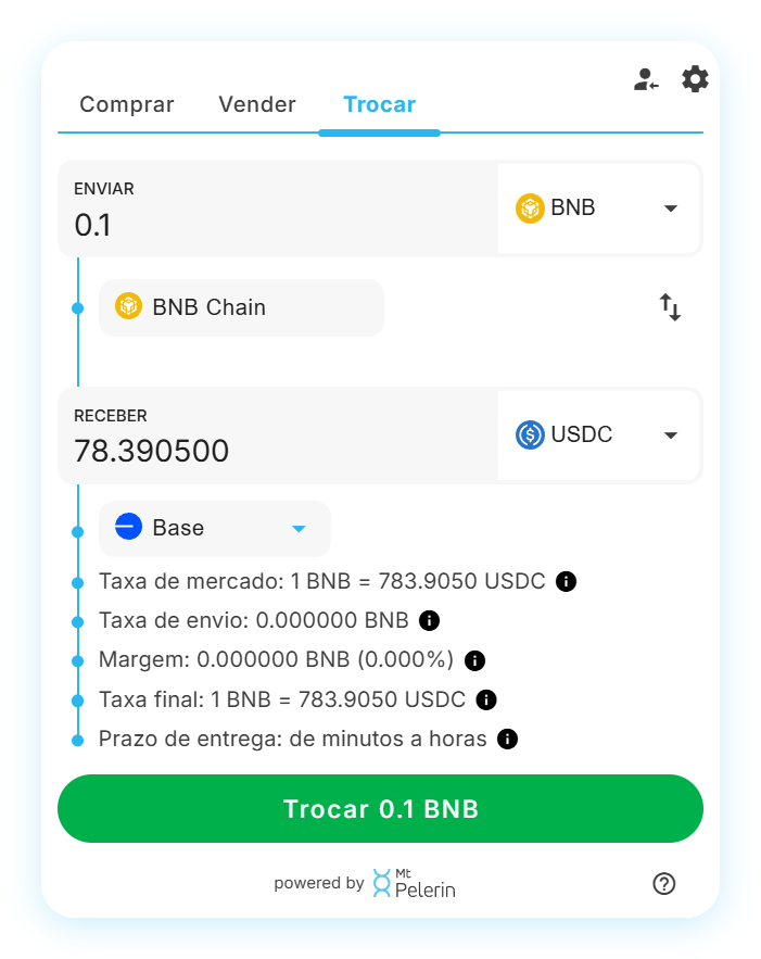 Widget de swap BNB-USDC da Mt Pelerin