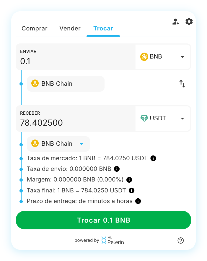 Widget de swap BNB-USDT da Mt Pelerin