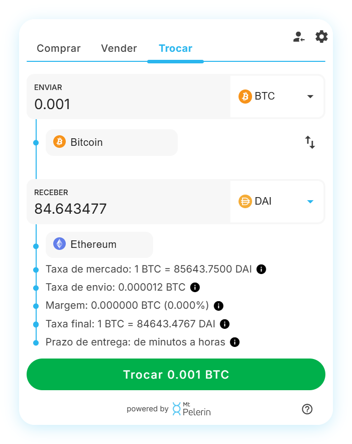 Widget de swap BTC-DAI da Mt Pelerin