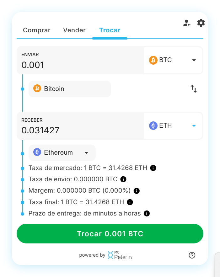 Widget de swap BTC-ETH da Mt Pelerin