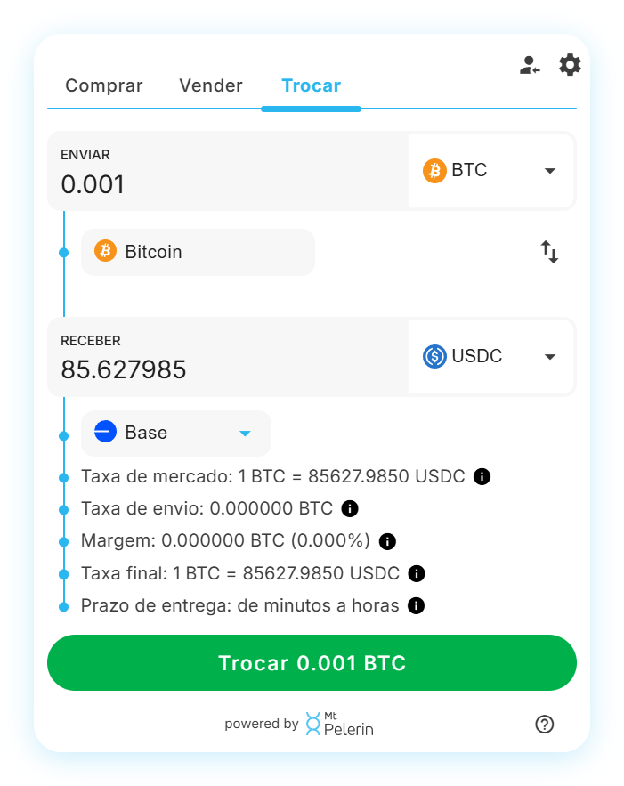 Widget de swap BTC-USDC da Mt Pelerin