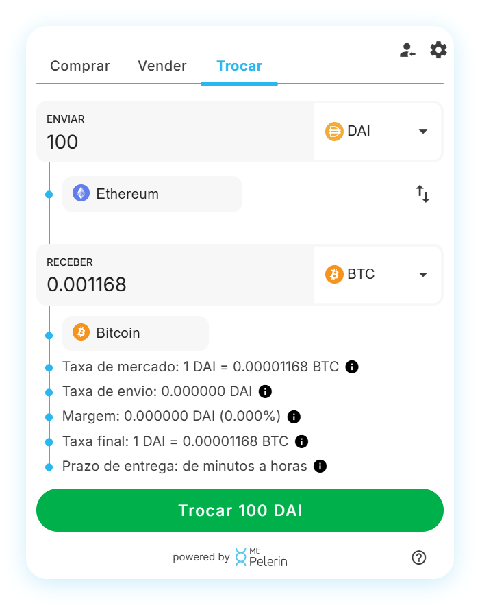 Widget de swap DAI-BTC da Mt Pelerin