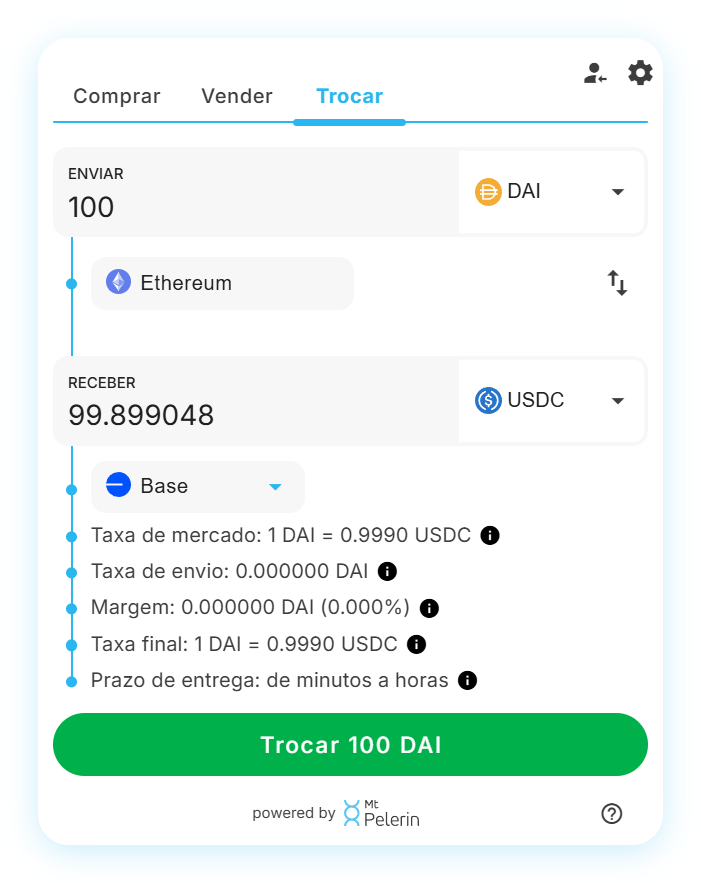 Widget de swap DAI-USDC da Mt Pelerin
