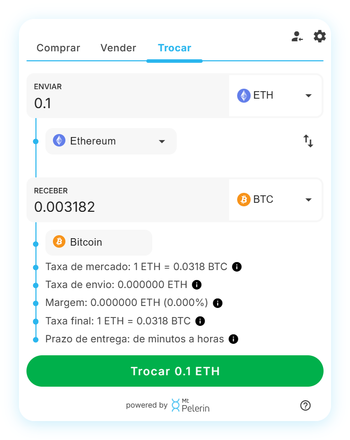 Widget de swap ETH-BTC da Mt Pelerin
