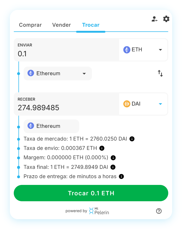 Widget de swap ETH-DAI da Mt Pelerin