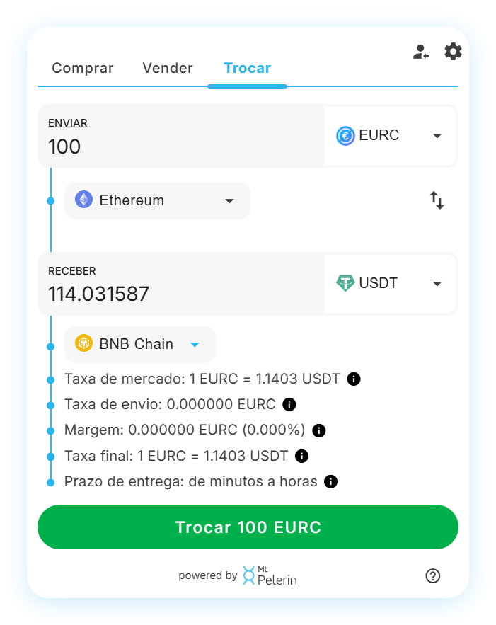 Widget de swap EURC-USDT da Mt Pelerin