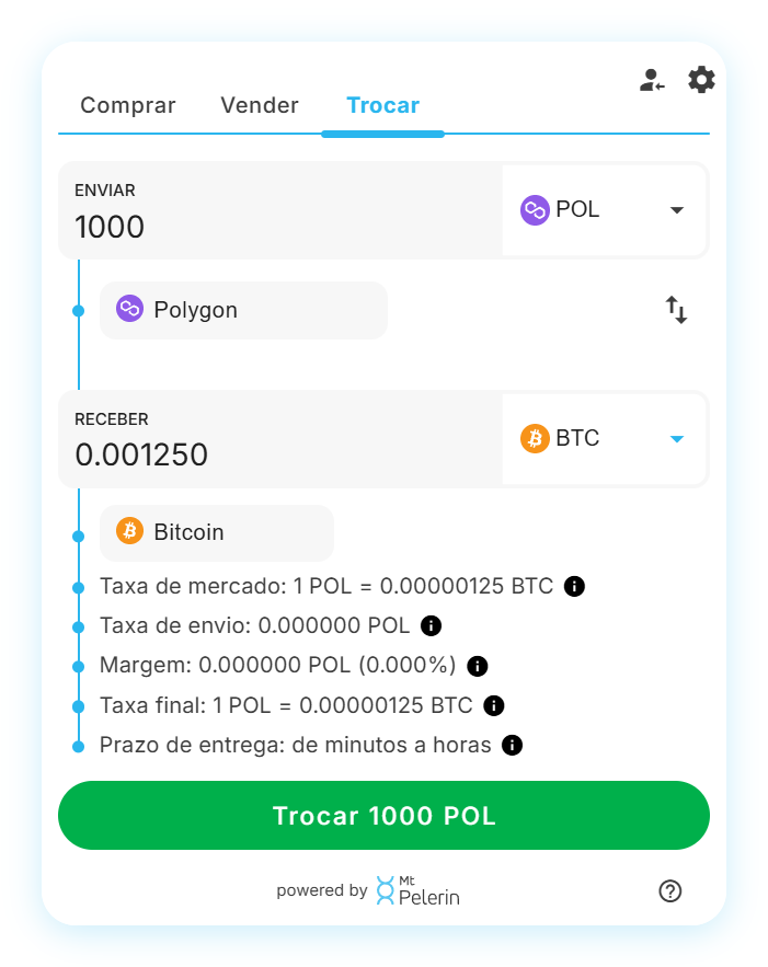 Widget de swap POL-BTC da Mt Pelerin