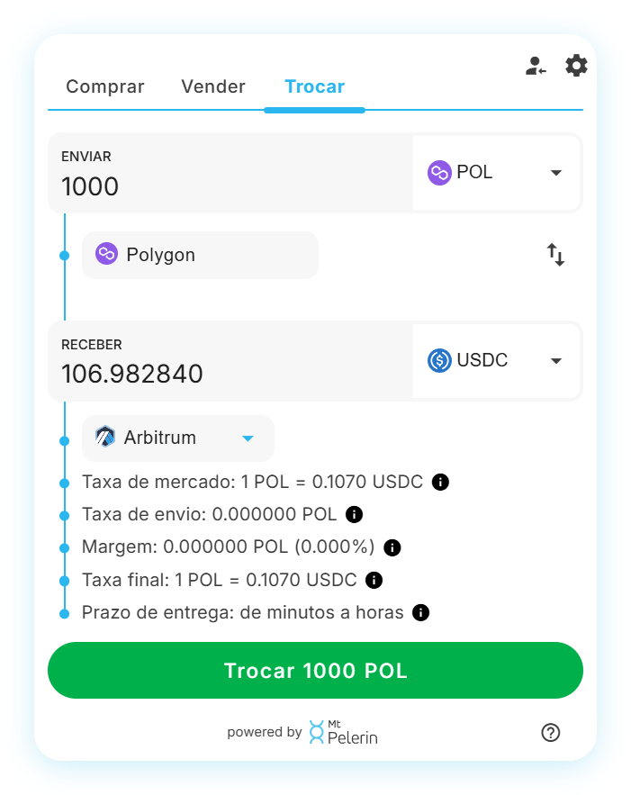Widget de swap POL-USDC da Mt Pelerin