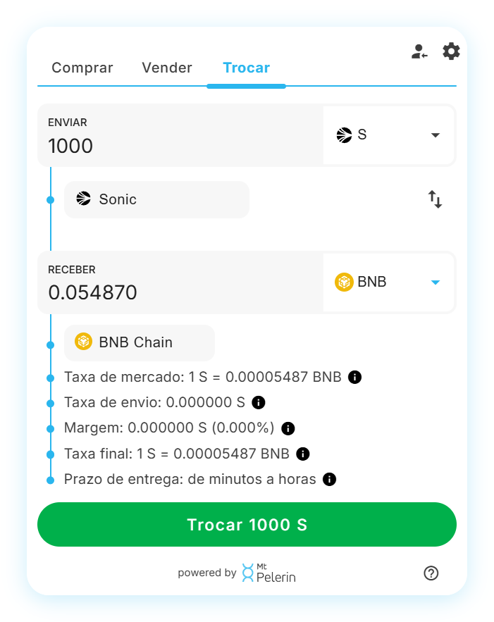 Widget de swap Sonic-BNB da Mt Pelerin
