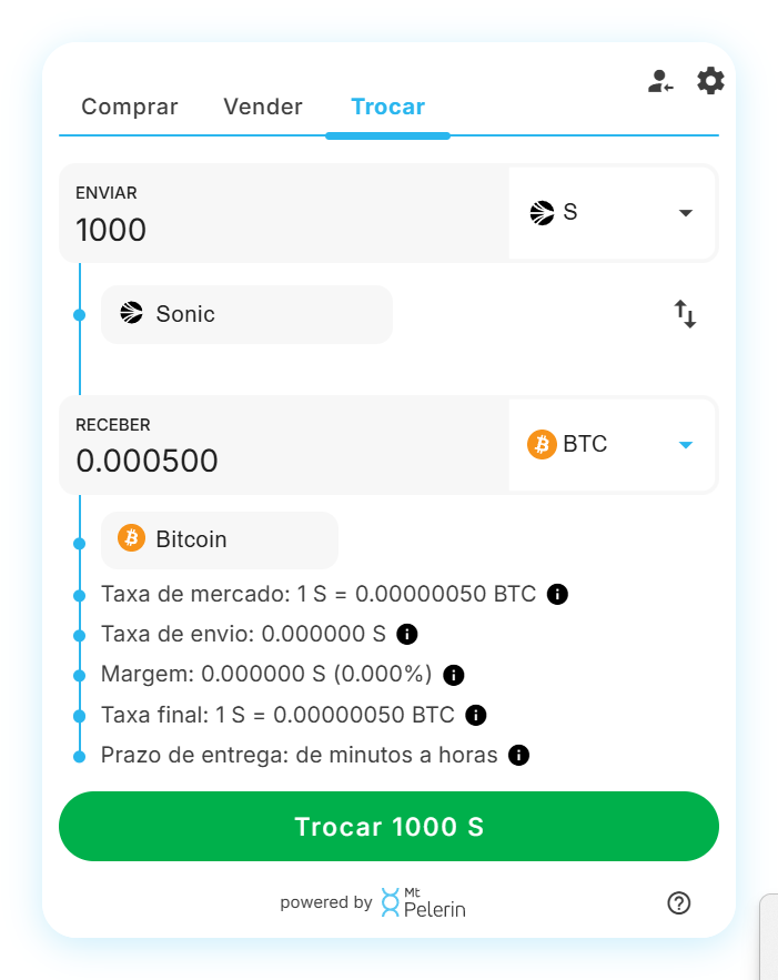 Widget de swap Sonic-BTC da Mt Pelerin