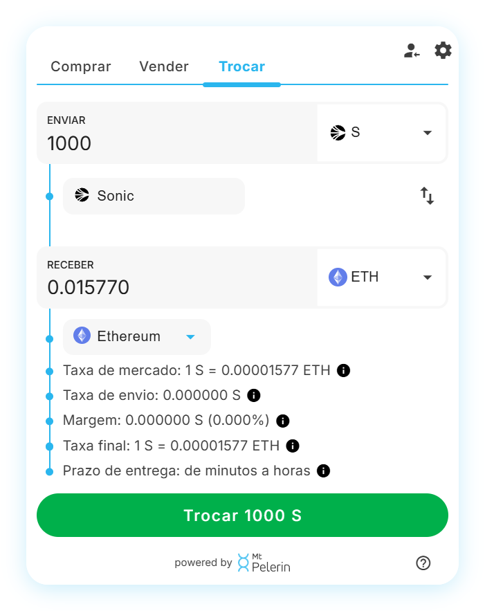 Widget de swap Sonic-ETH da Mt Pelerin