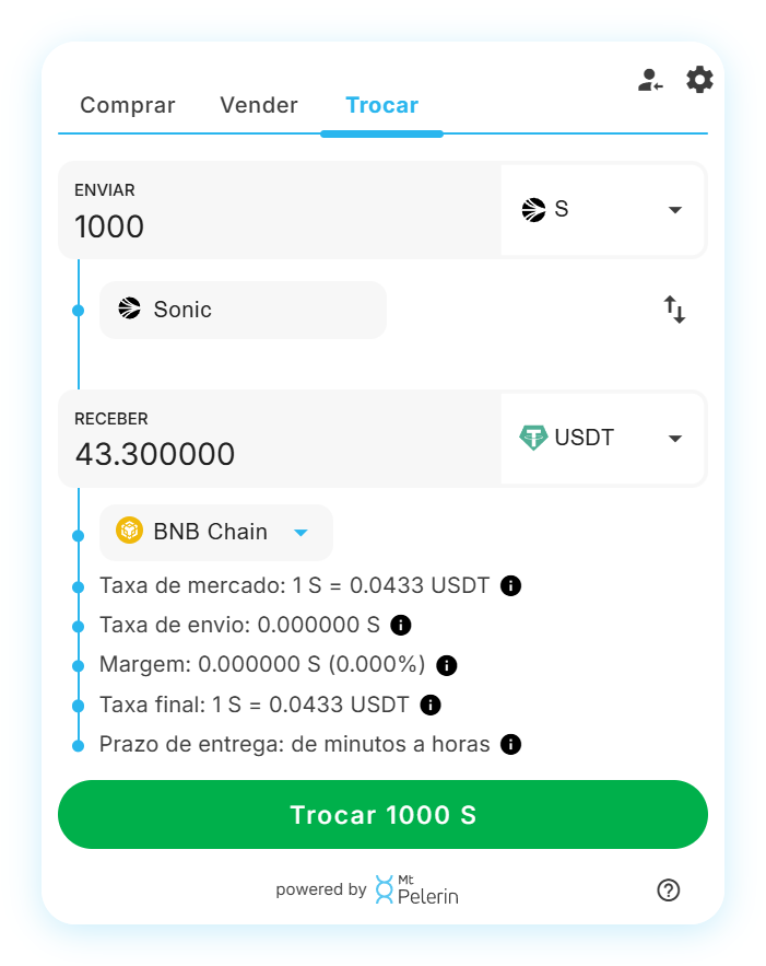 Widget de swap Sonic-USDT da Mt Pelerin