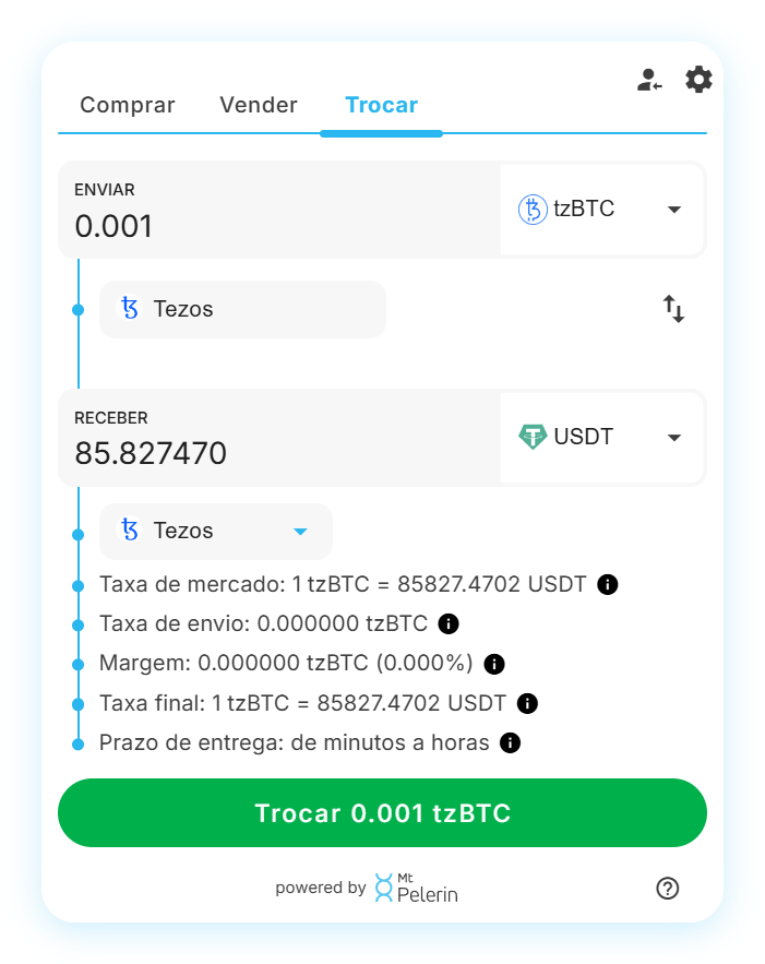 Widget de swap tzBTC-USDT da Mt Pelerin