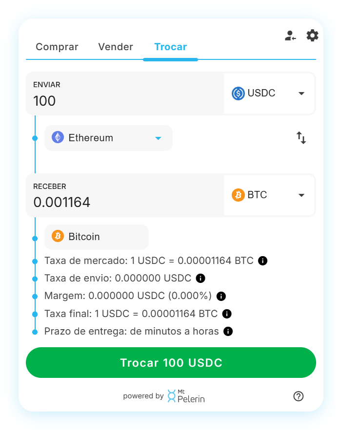 Widget de swap USDC-BTC da Mt Pelerin
