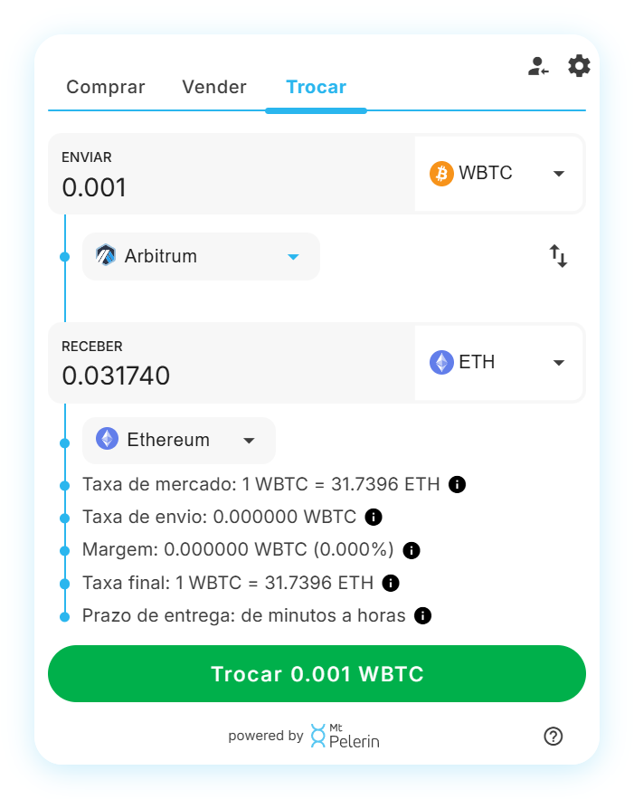 Widget de swap WBTC-ETH da Mt Pelerin