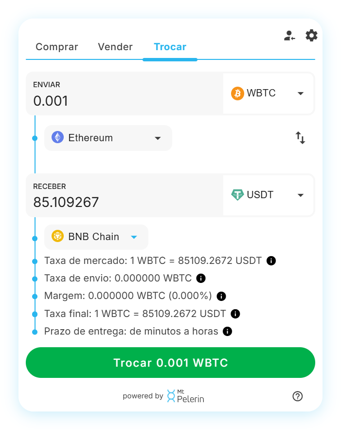 Widget de swap WBTC-USDT da Mt Pelerin