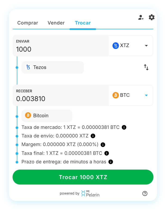 Widget de swap XTZ-BTC da Mt Pelerin