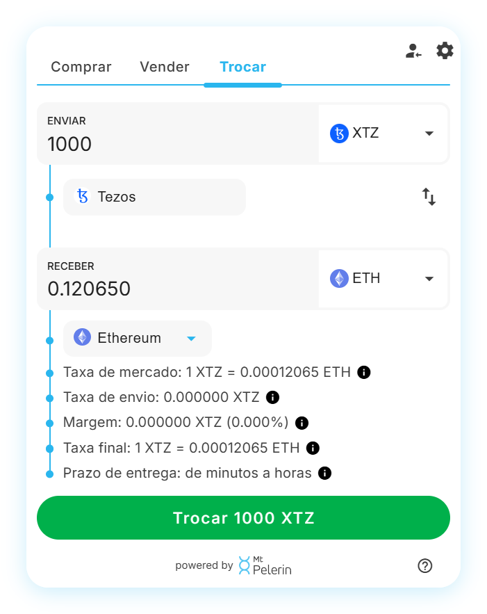 Widget de swap XTZ-ETH da Mt Pelerin