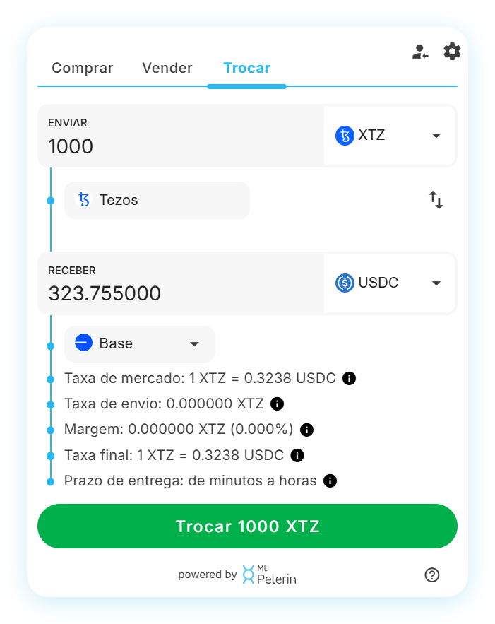 Widget de swap XTZ-USDC da Mt Pelerin
