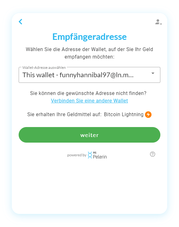 Mt Pelerin Sats Kauf-Widget - Auswahl der Empfangsadresse