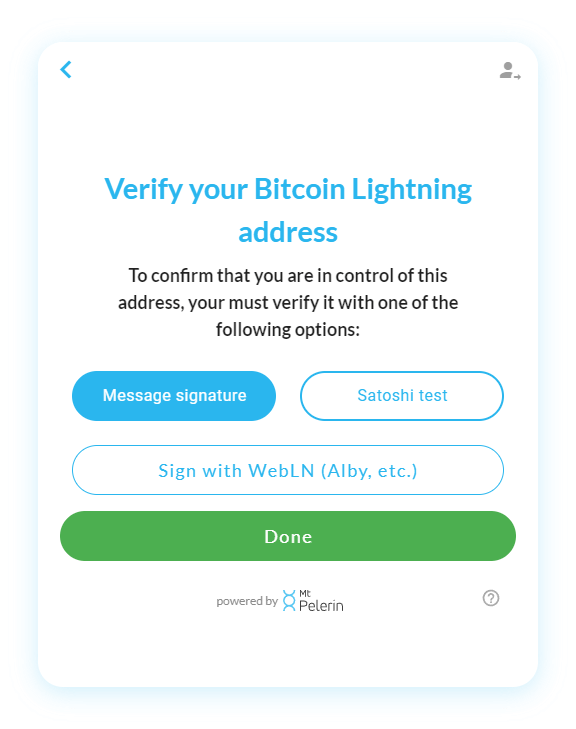 Mt Pelerin buy sats widget - Address verification options