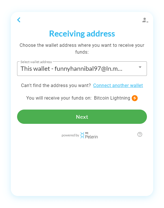 Mt Pelerin buy sats widget - Receiving address selection