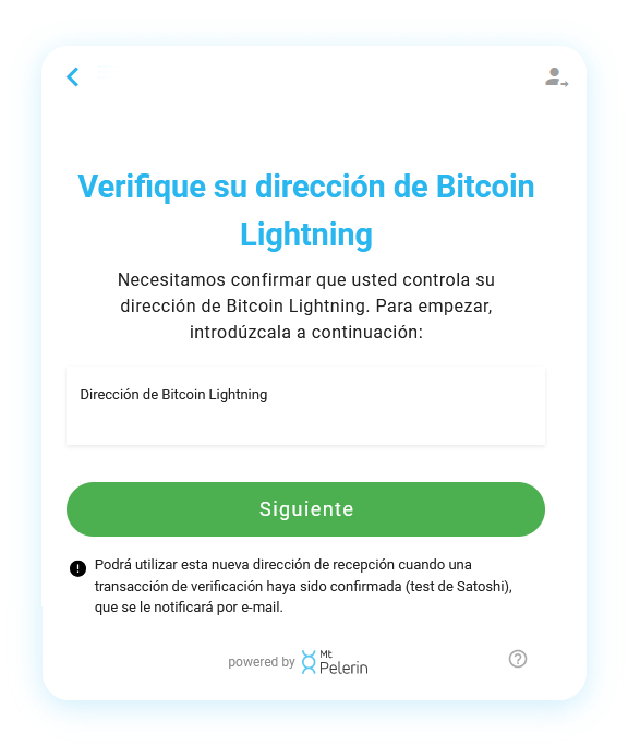 Widget de compra satoshis Mt Pelerin - Dirección de recepción