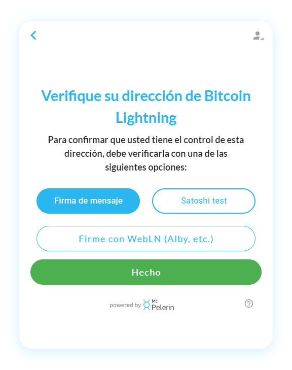 Widget de compra de satoshis Mt Pelerin - Opciones de verificación de dirección