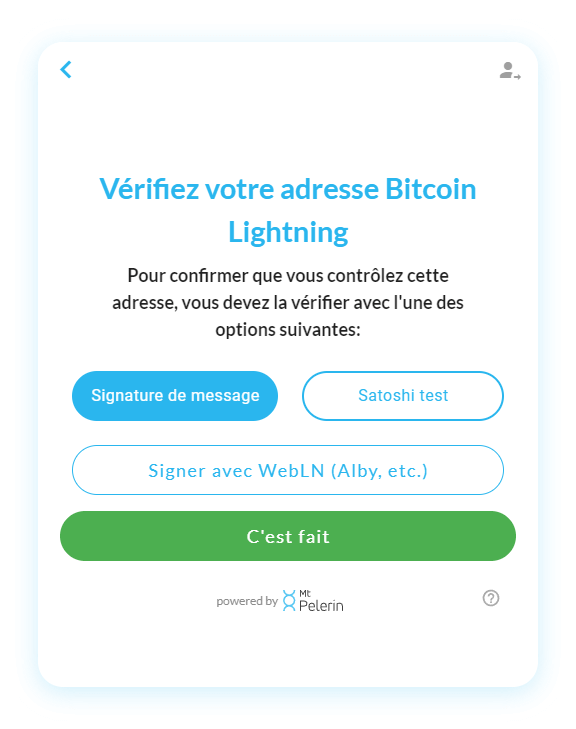 Mt Pelerin widget d'achat de sats - Options de vérification d'adresse