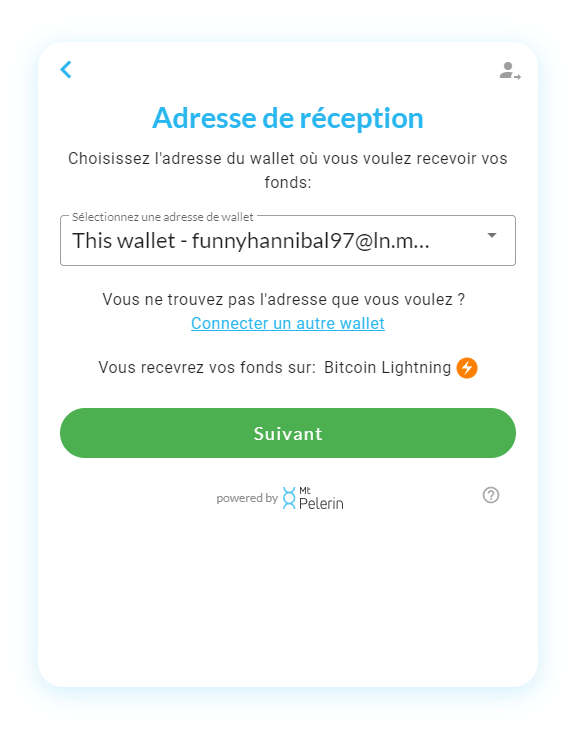 Mt Pelerin widget d'achat de sats - Sélection d'adresse de réception