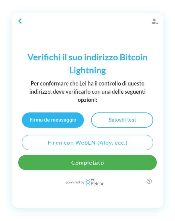 Widget Mt Pelerin di acquisto di satoshi - Opzioni di verifica dell'indirizzo