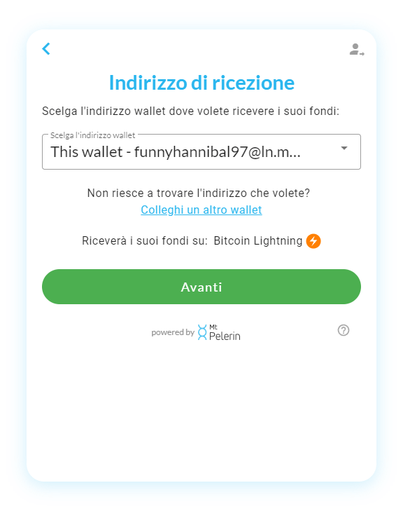 Widget Mt Pelerin di acquisto di satoshi - Selezione dell'indirizzo di ricezione