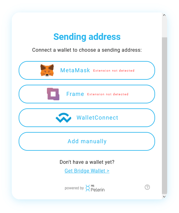 Mt Pelerin sell crypto widget - Sending address
