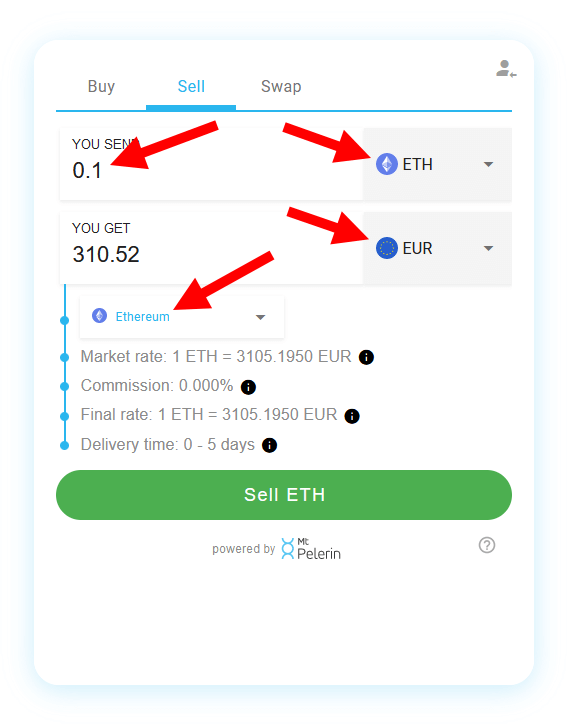 Mt Pelerin sell crypto widget - Sell detail