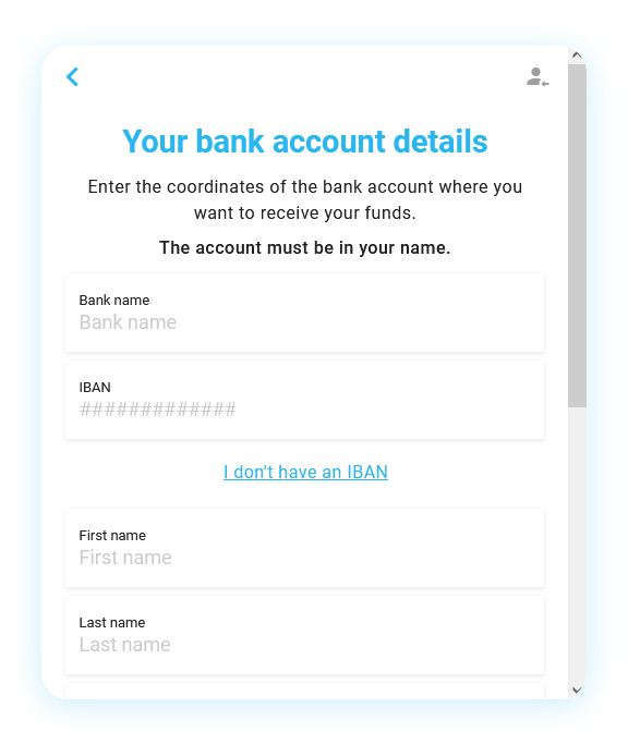 Mt Pelerin sell crypto widget - Destination bank account