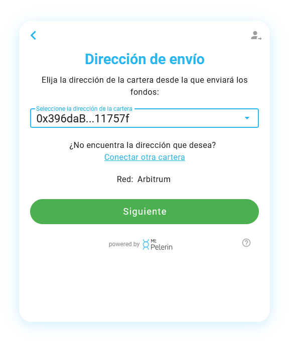 Widget de venta de criptomonedas Mt Pelerin - Dirección de recepción