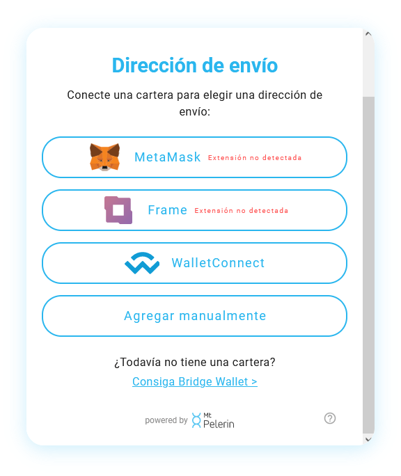 Widget de swap Mt Pelerin - Opciones de verificación de dirección