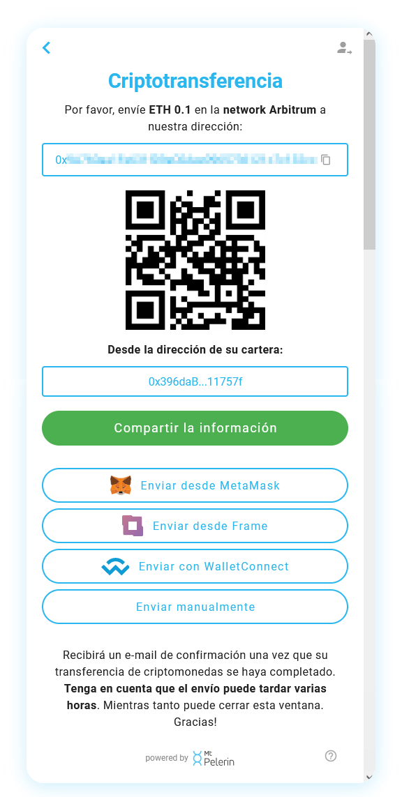 Widget de venta Mt Pelerin - Instrucciones de transferencia de criptomonedas