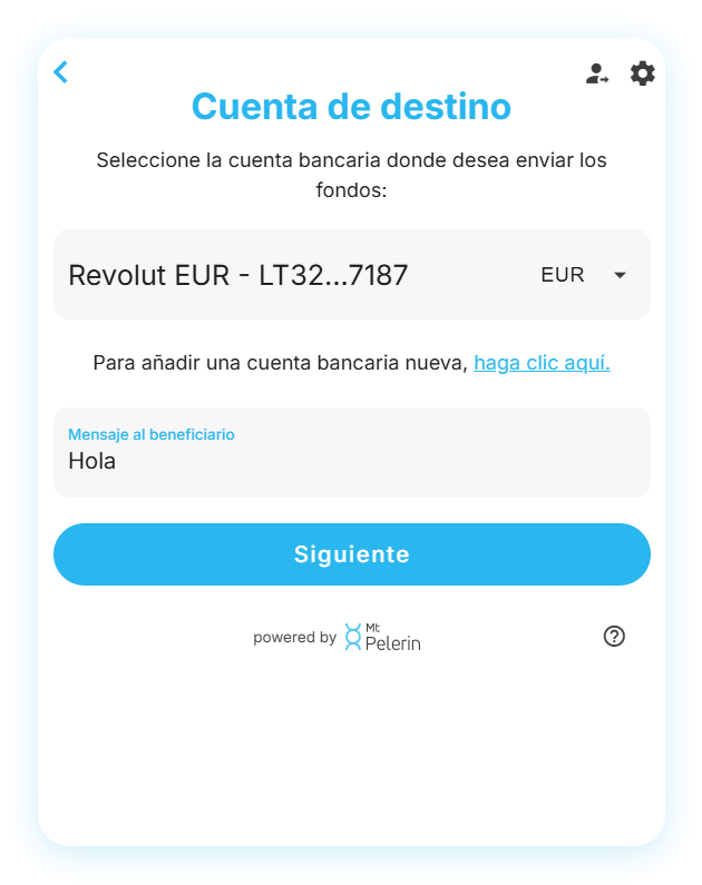 Captura de pantalla del widget de Mt Pelerin mostrando los campos para indicar una nueva cuenta bancaria de destino Captura de pantalla del widget de Mt Pelerin mostrando los campos para indicar una nueva cuenta bancaria de destino