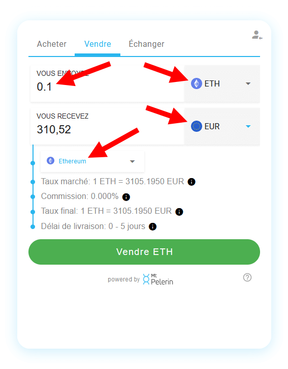 Mt Pelerin widget de vente de crypto - Détails de la vente