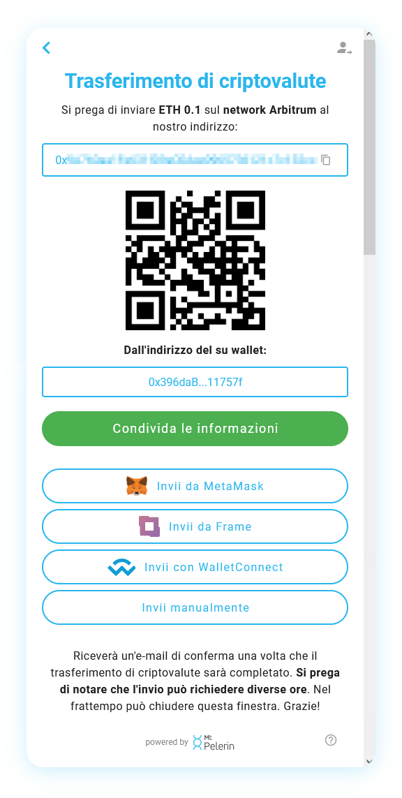 Widget de venta de criptomonedas Mt Pelerin - Tsransferencia cripto