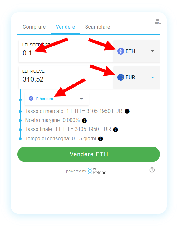 Widget Mt Pelerin di vendita di criptovalute - Dettagli della vendita