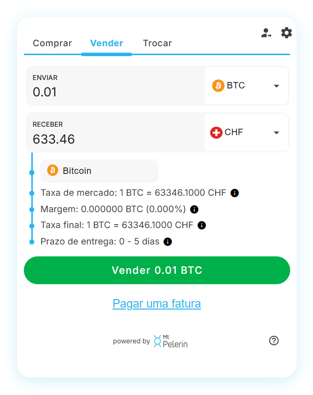 Captura de ecrã do widget da Mt Pelerin a mostrar uma venda de Bitcoin Captura de ecrã do widget da Mt Pelerin a mostrar uma venda de Bitcoin