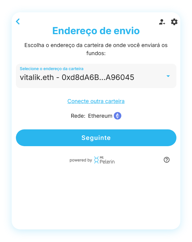 Captura de ecrã do widget da Mt Pelerin a mostrar as opções de ligação de carteira para o endereço de envio