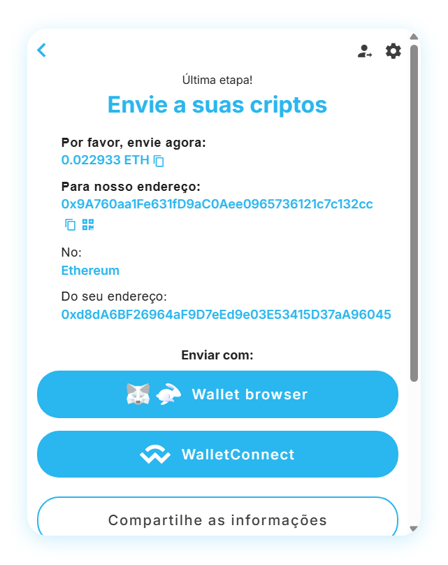 Captura de ecrã das instruções para efetuar o pagamento em criptomoeda de uma fatura Captura de ecrã das instruções para efetuar o pagamento em criptomoeda de uma fatura