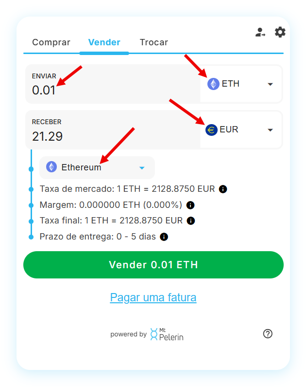 Captura de ecrã do widget da Mt Pelerin a mostrar a seleção da criptomoeda, da rede e da moeda fiduciária Captura de ecrã do widget da Mt Pelerin a mostrar a seleção da criptomoeda, da rede e da moeda fiduciária