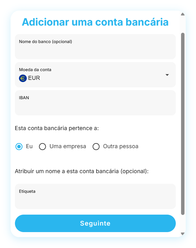Captura de ecrã do widget da Mt Pelerin a mostrar a seleção da conta bancária de destino Captura de ecrã do widget da Mt Pelerin a mostrar a seleção da conta bancária de destino