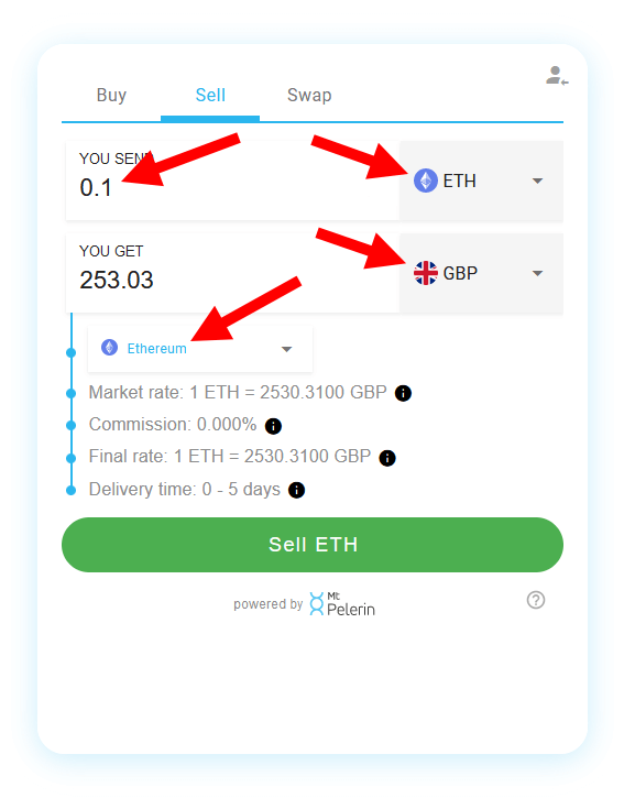 Mt Pelerin sell crypto widget - Sell detail